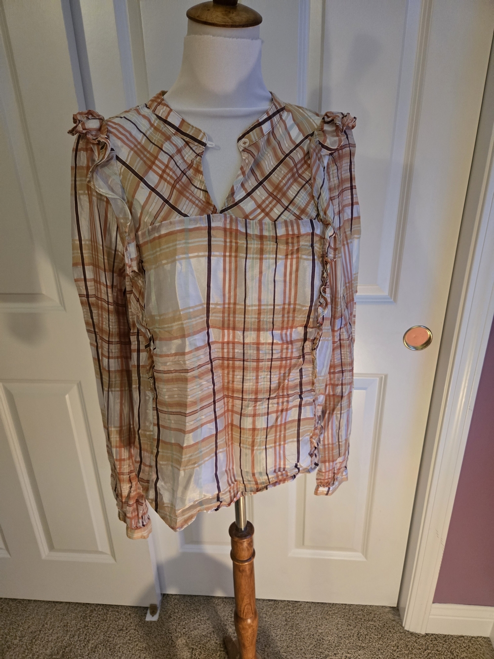 Current Air Orange and Cream Plaid Sheer Long-Sleeve Blouse